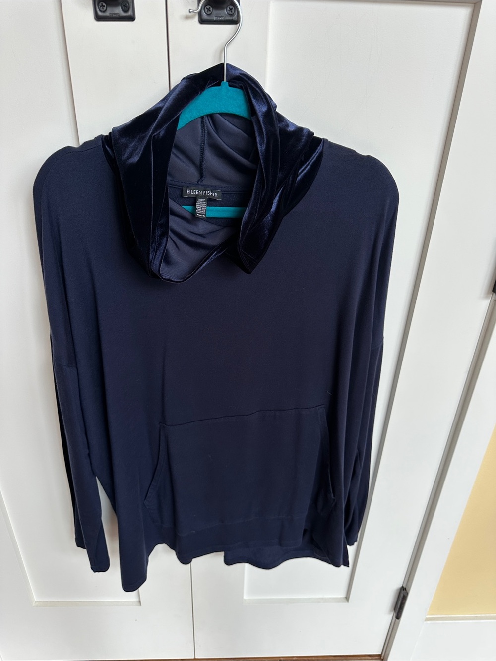 Eileen Fisher Navy Velvet-Trim Hooded Top Size XL